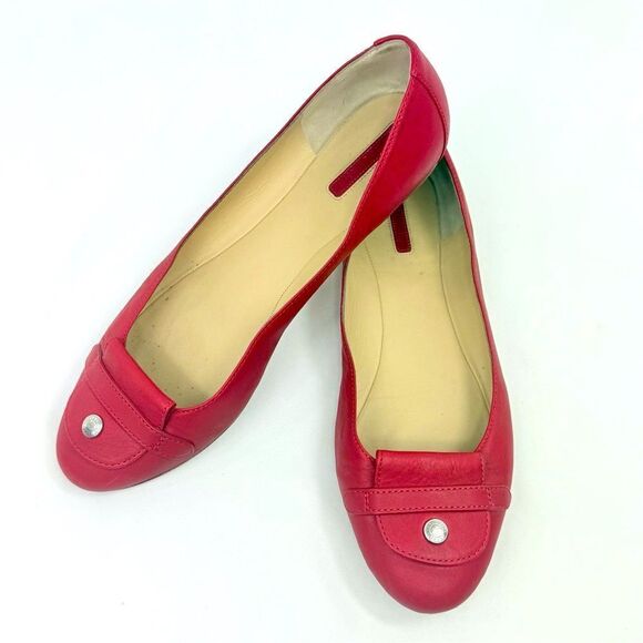 Longchamp Red Leather Logo Snap Toe Italian Made Slip On Classic Ballet Flats - Picture 2 of 15